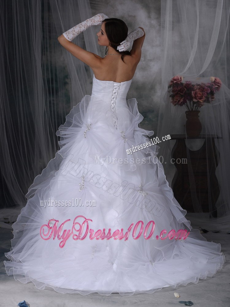 A-line Handmade Flowers Appliques White Bridal Gown Court Train