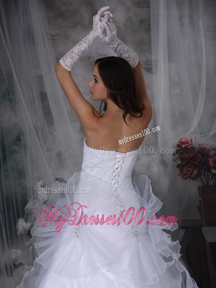 A-line Handmade Flowers Appliques White Bridal Gown Court Train