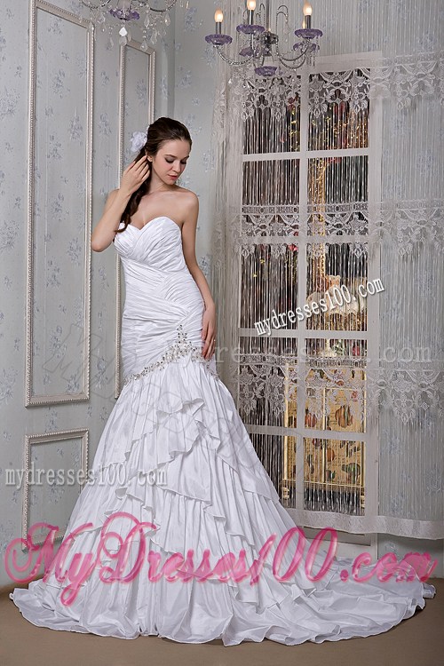 Beautiful Diamonds Ruching and Layers Court Train Sheath Dress for Wedding