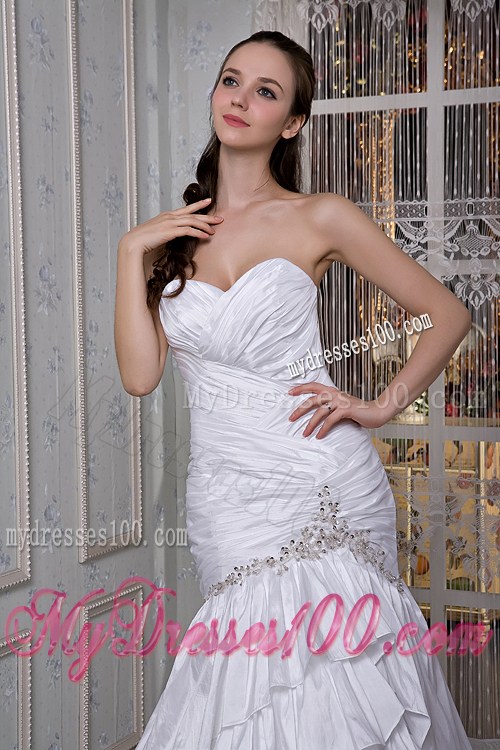 Beautiful Diamonds Ruching and Layers Court Train Sheath Dress for Wedding