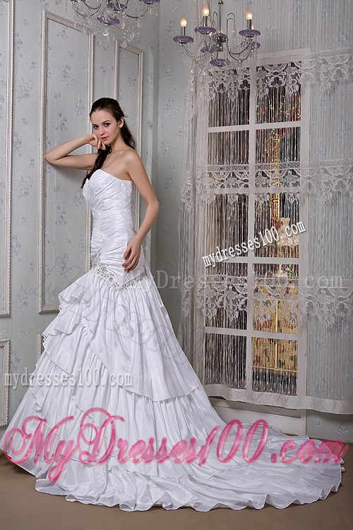 Beautiful Diamonds Ruching and Layers Court Train Sheath Dress for Wedding