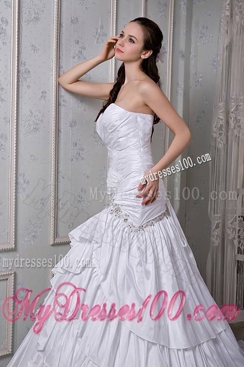 Beautiful Diamonds Ruching and Layers Court Train Sheath Dress for Wedding