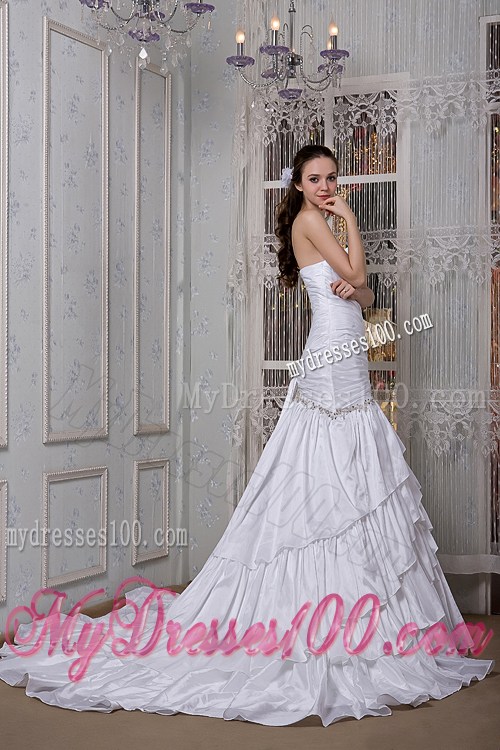 Beautiful Diamonds Ruching and Layers Court Train Sheath Dress for Wedding