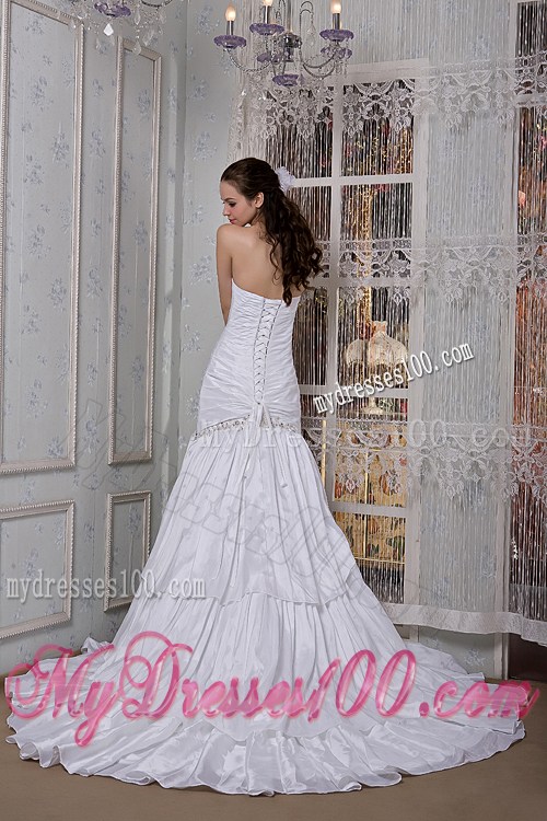 Beautiful Diamonds Ruching and Layers Court Train Sheath Dress for Wedding