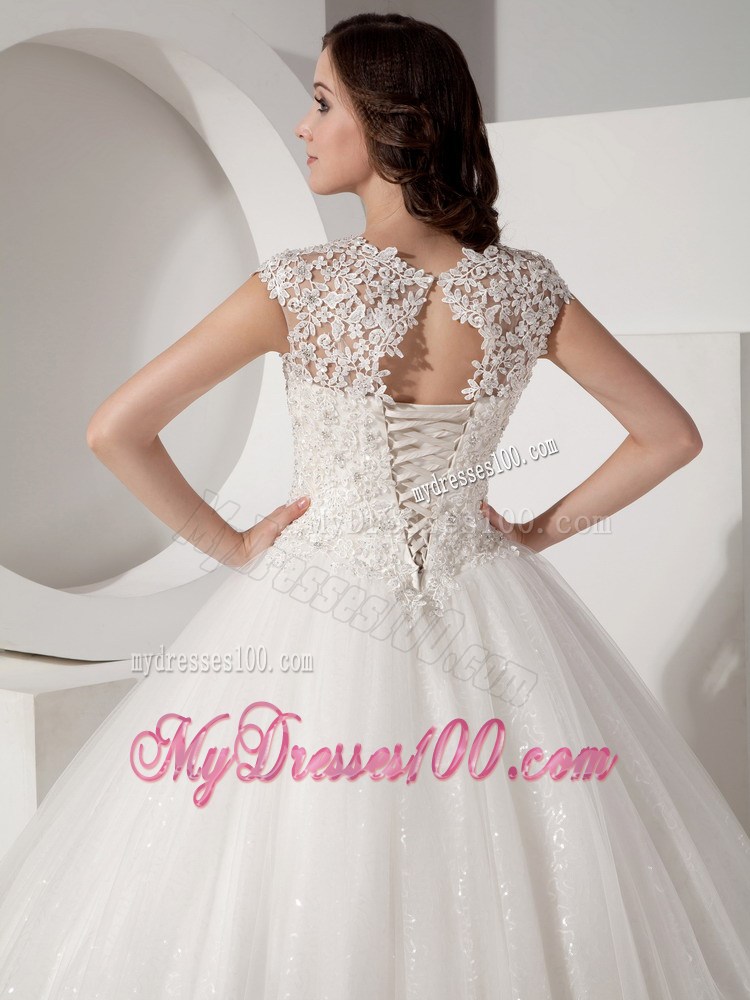 High-Neck Floor-length Lace-up Wedding Gown in Sequined Lace