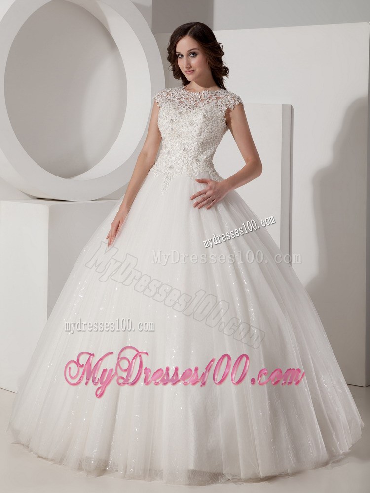 High-Neck Floor-length Lace-up Wedding Gown in Sequined Lace