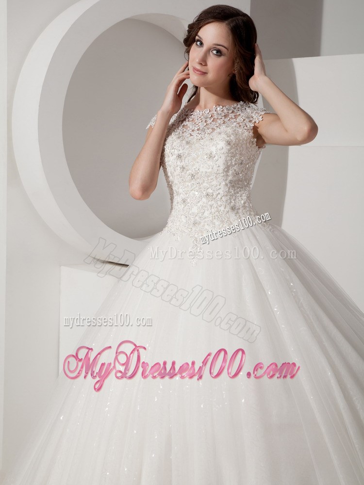 High-Neck Floor-length Lace-up Wedding Gown in Sequined Lace