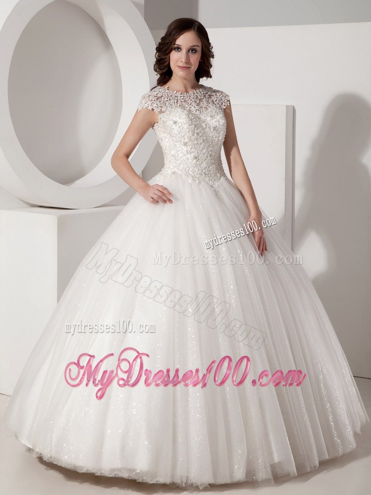 High-Neck Floor-length Lace-up Wedding Gown in Sequined Lace