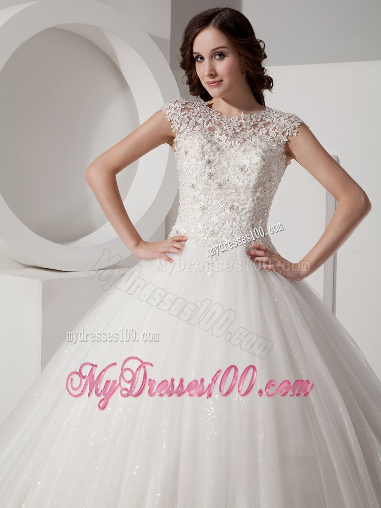 High-Neck Floor-length Lace-up Wedding Gown in Sequined Lace