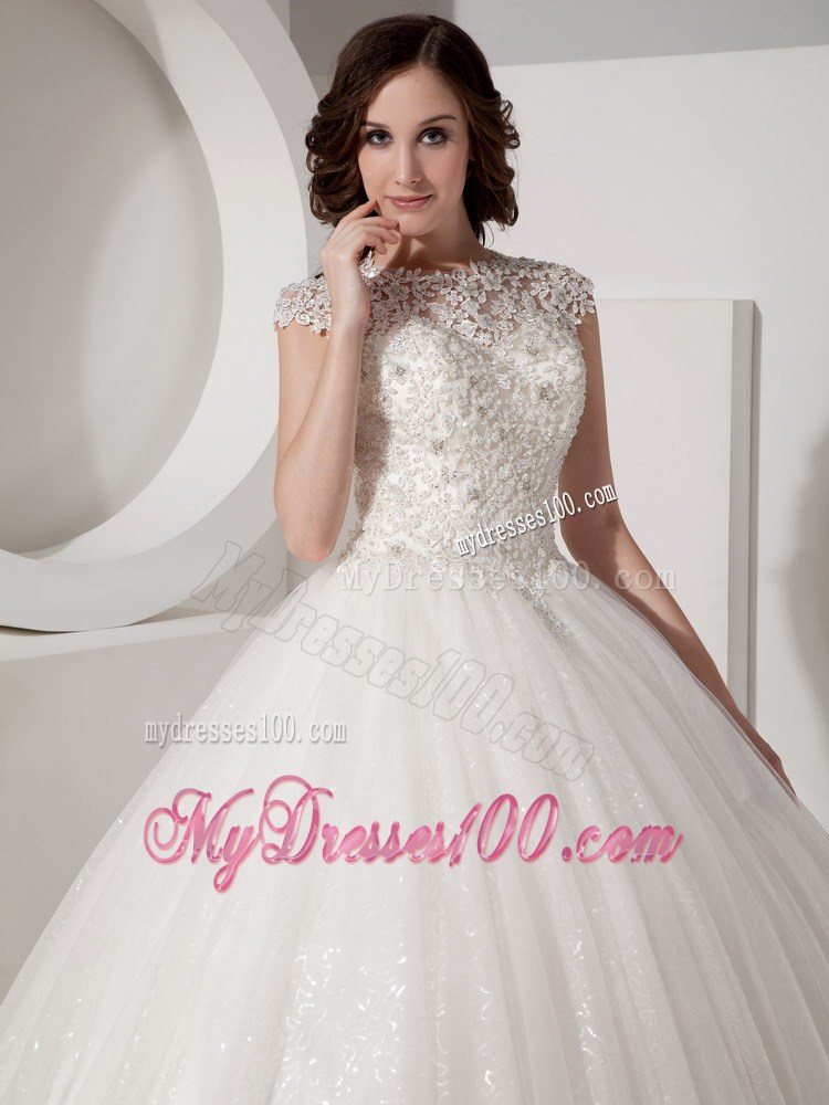 High-Neck Floor-length Lace-up Wedding Gown in Sequined Lace