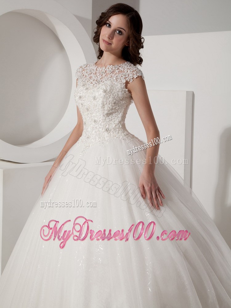 High-Neck Floor-length Lace-up Wedding Gown in Sequined Lace