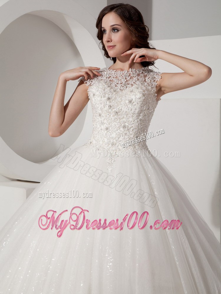 High-Neck Floor-length Lace-up Wedding Gown in Sequined Lace