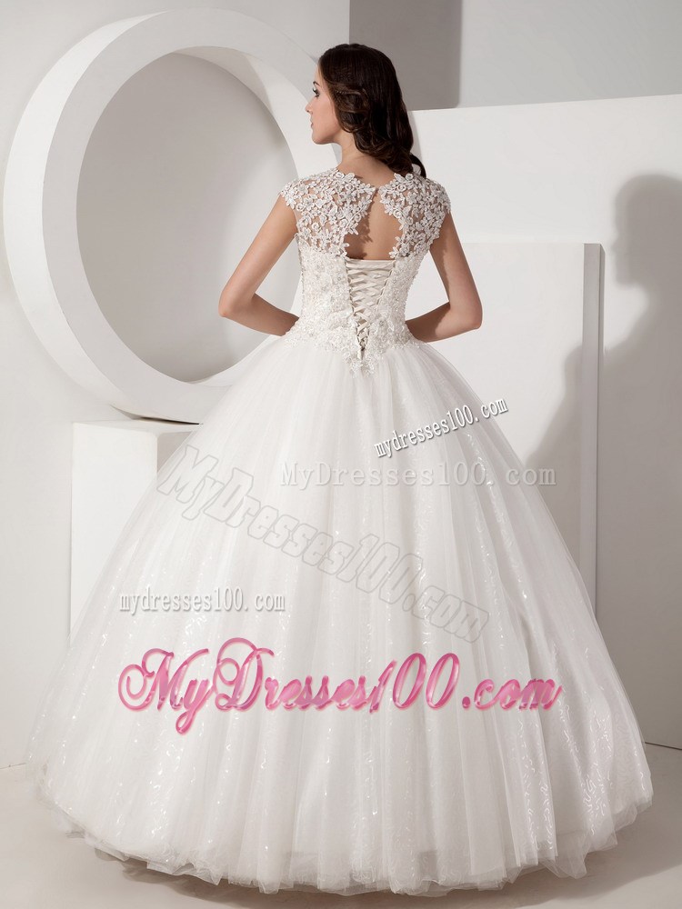 High-Neck Floor-length Lace-up Wedding Gown in Sequined Lace