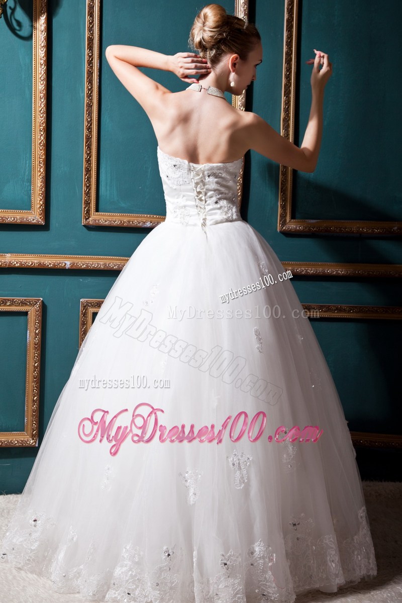 Appliques and Beadings Decorated Dress for Wedding with Lace Hemline