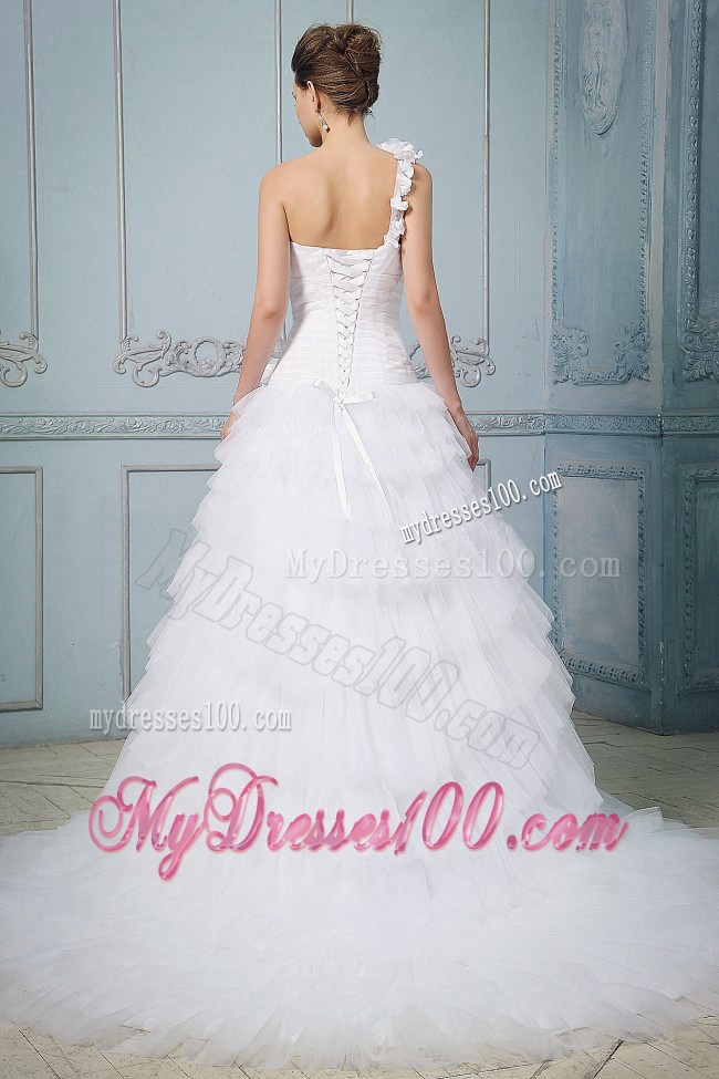 Handle Made Flowers Single Shoulder layers Court Train Train Bridal Dresses