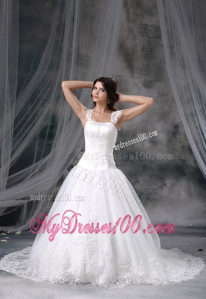 Beautiful Square Neckline Court Train Lace Hem White Wedding Gown