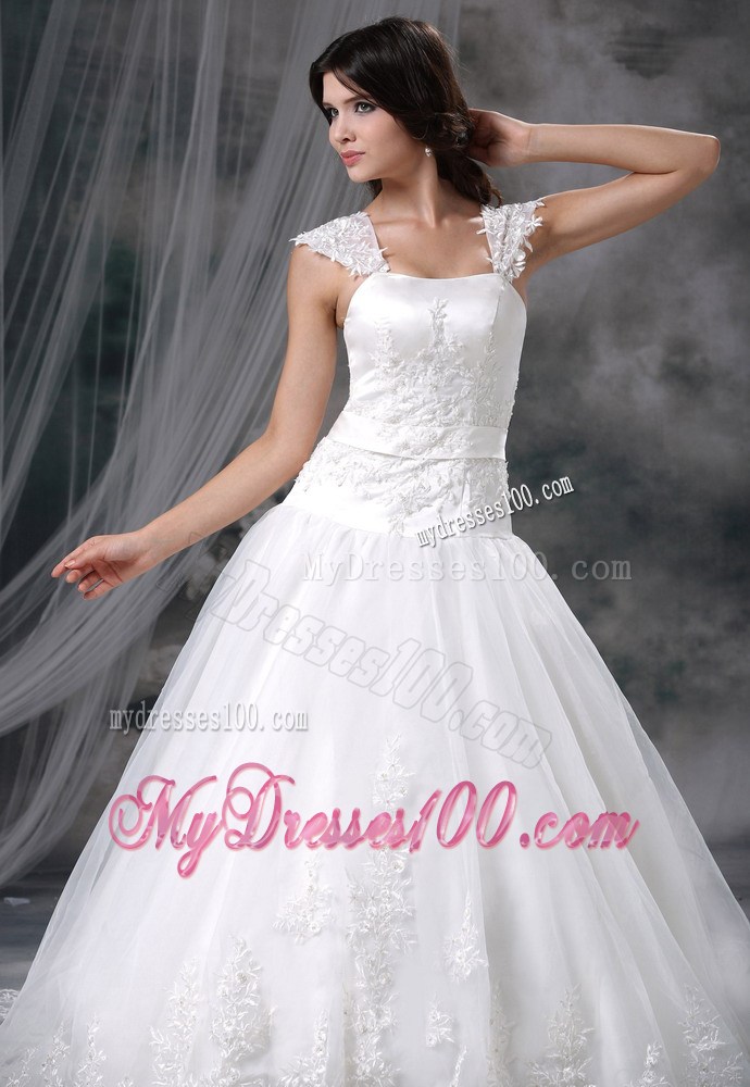 Beautiful Square Neckline Court Train Lace Hem White Wedding Gown