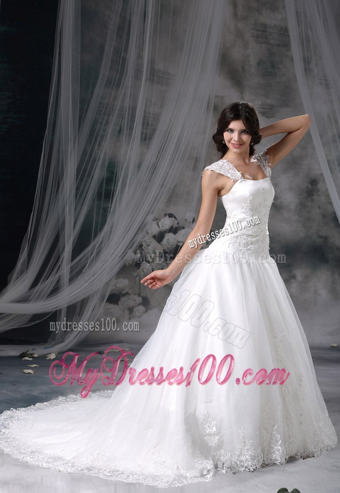 Beautiful Square Neckline Court Train Lace Hem White Wedding Gown