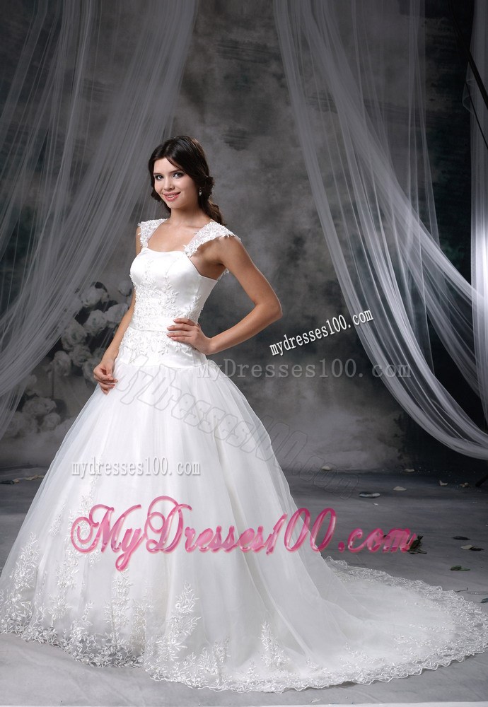 Beautiful Square Neckline Court Train Lace Hem White Wedding Gown