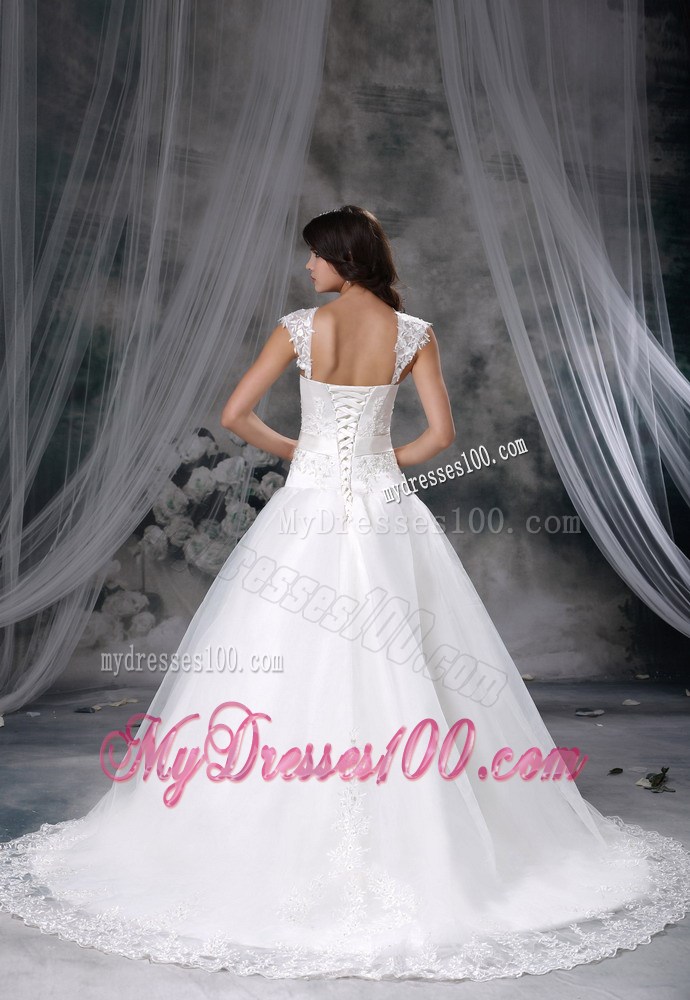 Beautiful Square Neckline Court Train Lace Hem White Wedding Gown