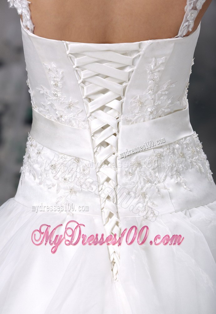 Beautiful Square Neckline Court Train Lace Hem White Wedding Gown