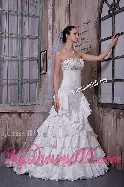 Beading and Appliques Decorated Brush Train Dress for Wedding with Ruffled Layers