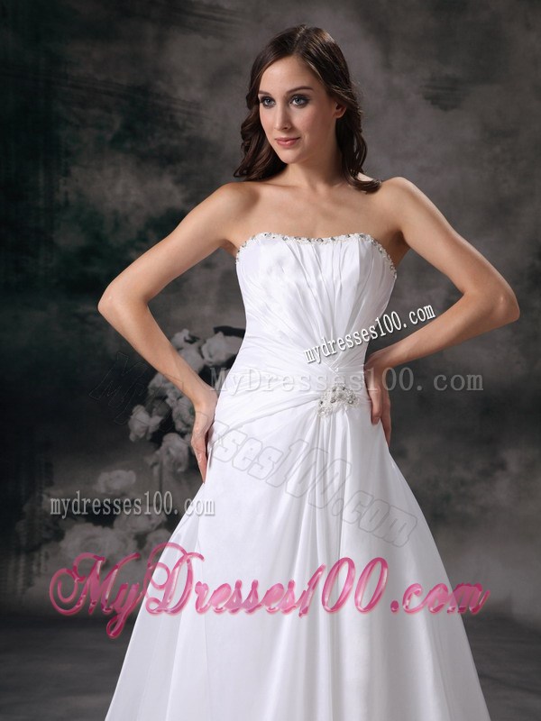 Soft White Wedding Gown with Ruche and Beading Court Train