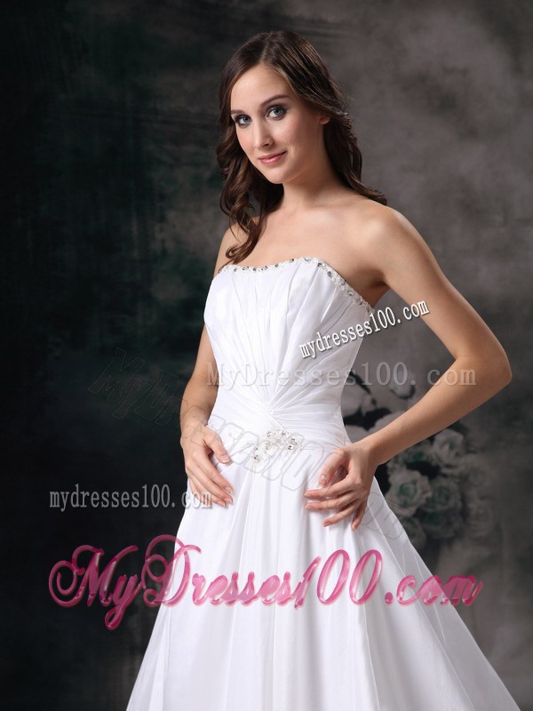 Soft White Wedding Gown with Ruche and Beading Court Train