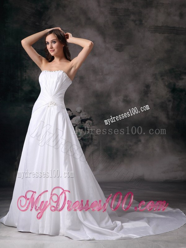 Soft White Wedding Gown with Ruche and Beading Court Train
