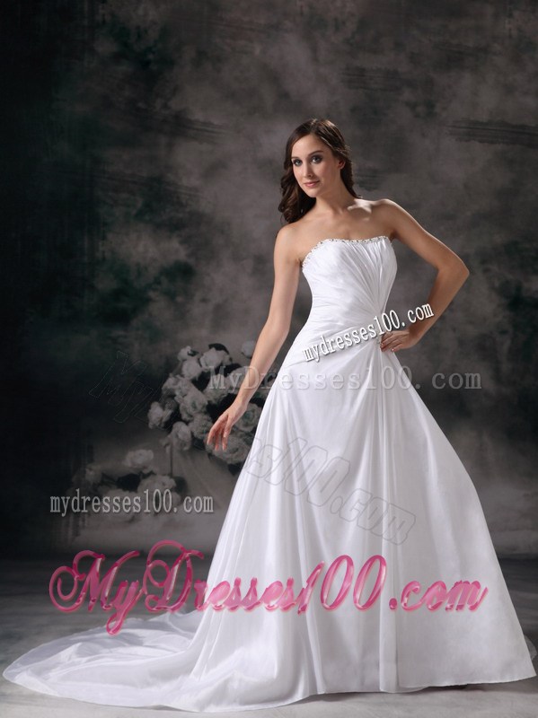 Soft White Wedding Gown with Ruche and Beading Court Train