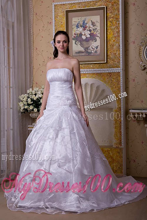 Hand Made Flowers Ruching and Layers Dress for Wedding with Brush Train