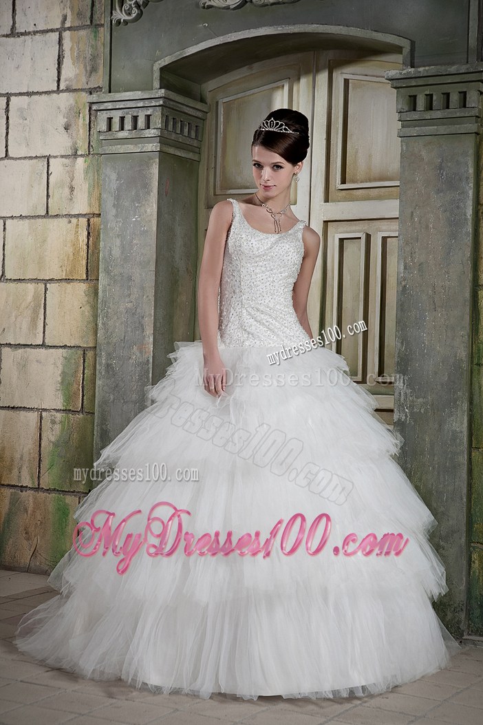 Straps Beading Bodice Ruffled Layers Decorated Full Length Wedding Dress