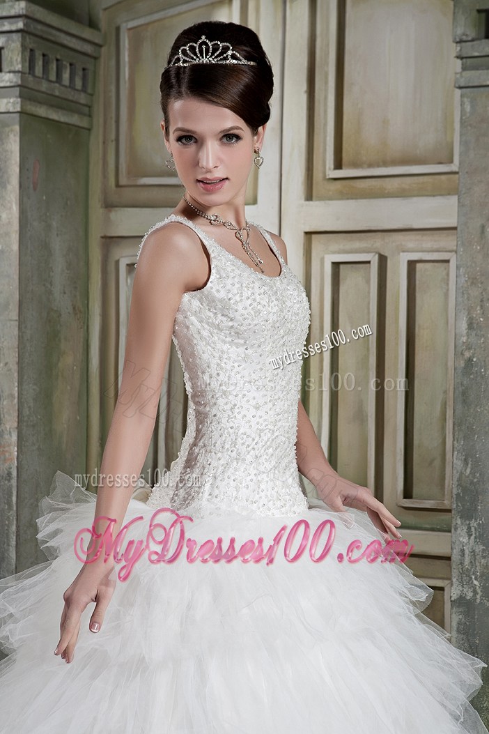 Straps Beading Bodice Ruffled Layers Decorated Full Length Wedding Dress