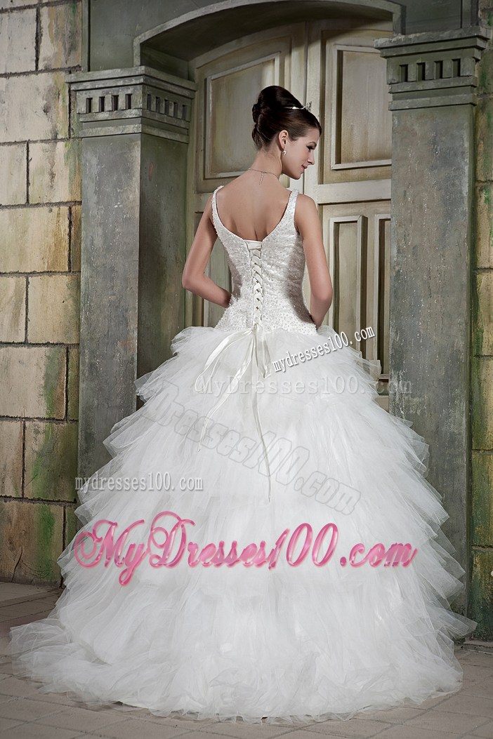 Straps Beading Bodice Ruffled Layers Decorated Full Length Wedding Dress