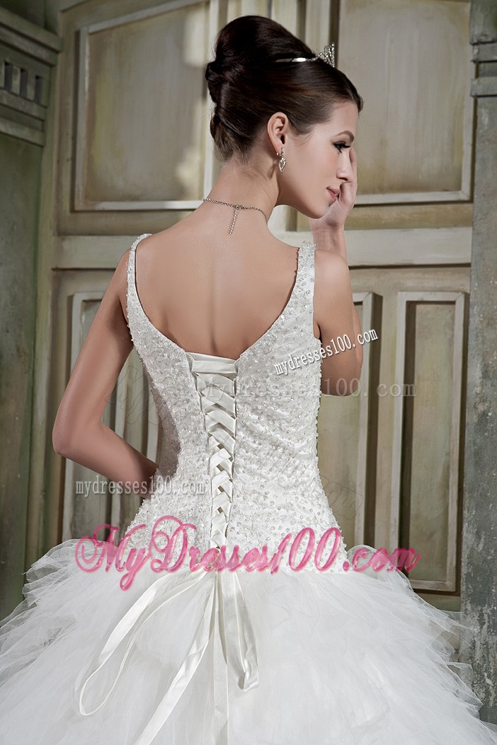 Straps Beading Bodice Ruffled Layers Decorated Full Length Wedding Dress