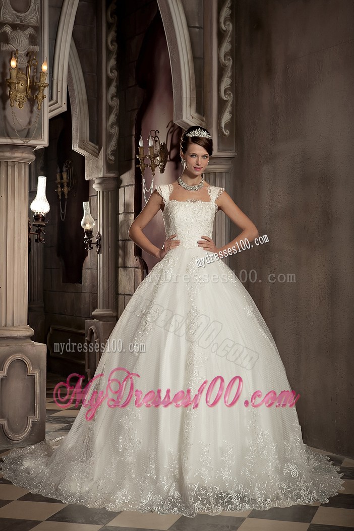 Lace Flowers Cap Sleeves Wedding Dress with Appliques and Lace Edge