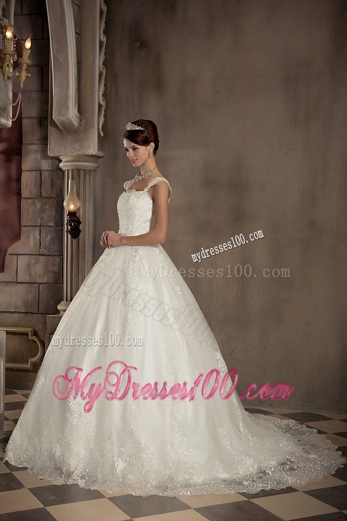 Lace Flowers Cap Sleeves Wedding Dress with Appliques and Lace Edge