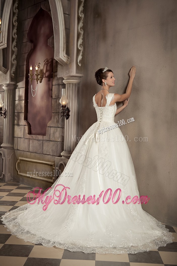 Lace Flowers Cap Sleeves Wedding Dress with Appliques and Lace Edge
