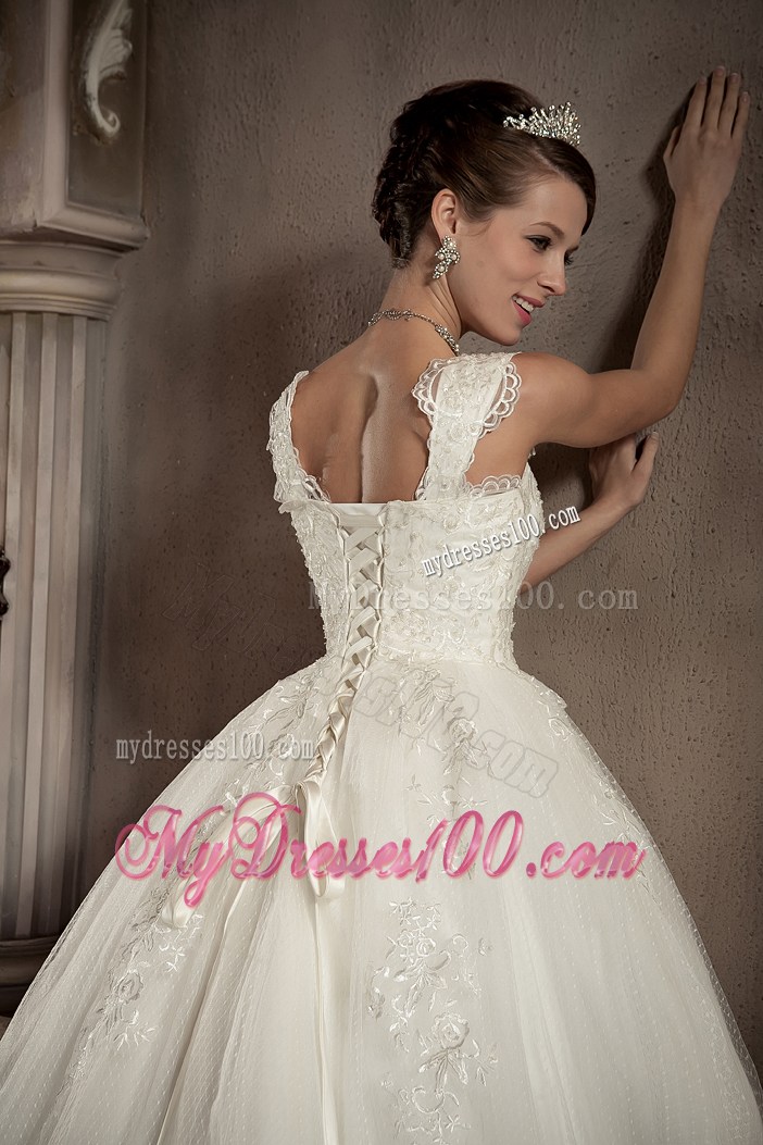 Lace Flowers Cap Sleeves Wedding Dress with Appliques and Lace Edge