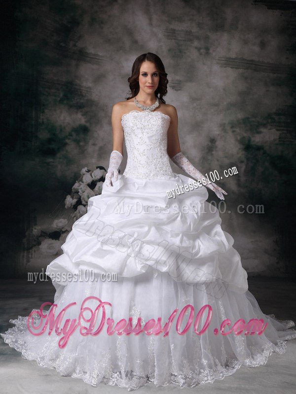 Lace and Taffeta Court Train Wedding Gowns with Pick-ups and Beading