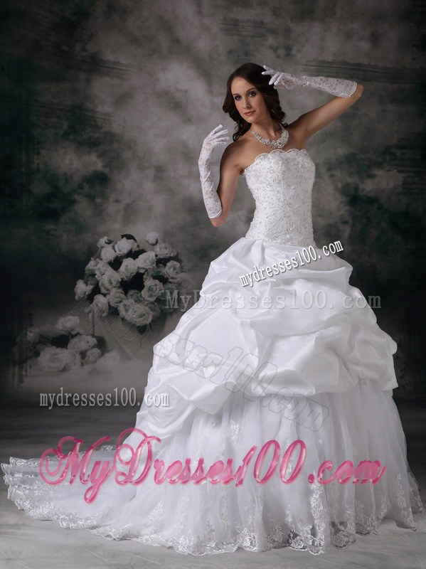 Lace and Taffeta Court Train Wedding Gowns with Pick-ups and Beading