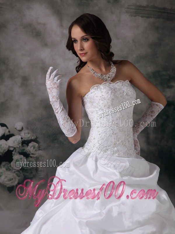 Lace and Taffeta Court Train Wedding Gowns with Pick-ups and Beading