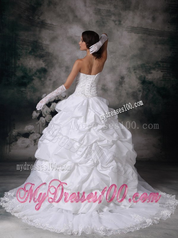 Lace and Taffeta Court Train Wedding Gowns with Pick-ups and Beading