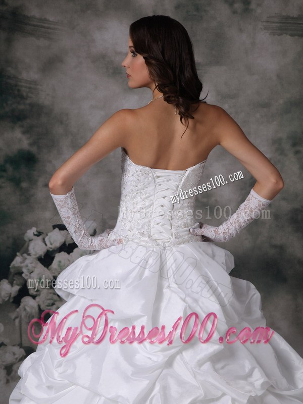 Lace and Taffeta Court Train Wedding Gowns with Pick-ups and Beading