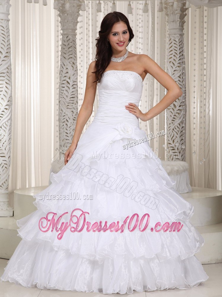 Flowers and Ruffled Layers Floor-length Strapless Beaded Bridal Gown