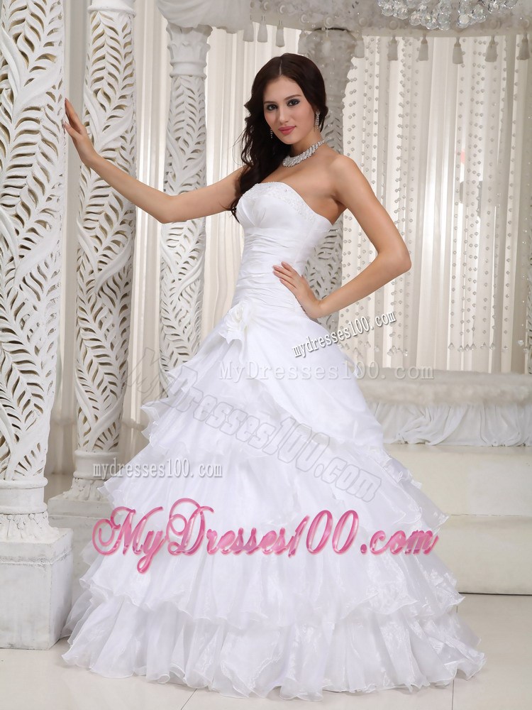 Flowers and Ruffled Layers Floor-length Strapless Beaded Bridal Gown