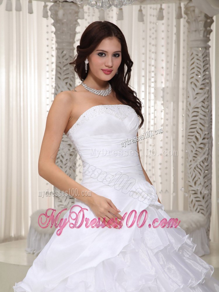 Flowers and Ruffled Layers Floor-length Strapless Beaded Bridal Gown