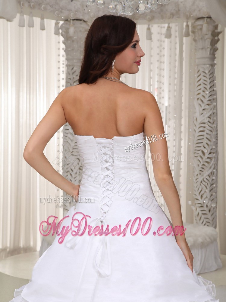 Flowers and Ruffled Layers Floor-length Strapless Beaded Bridal Gown