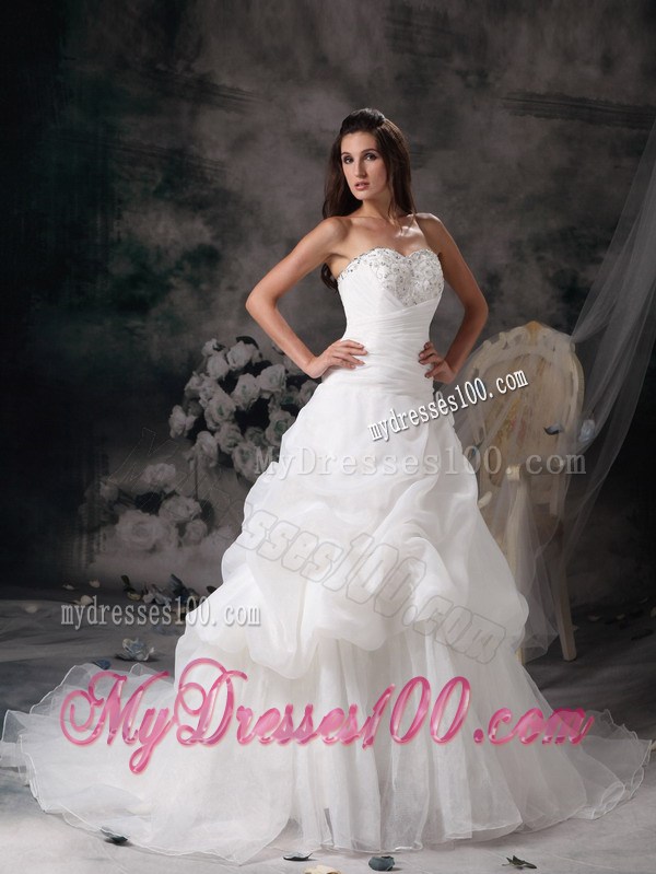 Beaded Sweetheart A-line Court Train Wedding Gown with Pick-ups