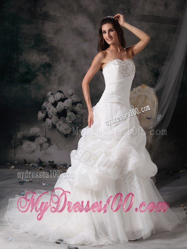 Beaded Sweetheart A-line Court Train Wedding Gown with Pick-ups